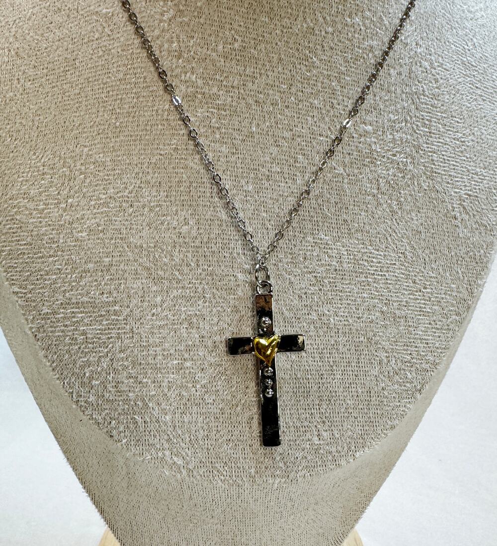 Silver Cross Necklace Gold Heart Accent Christian Faith 18-20" Chain 1.5" N360